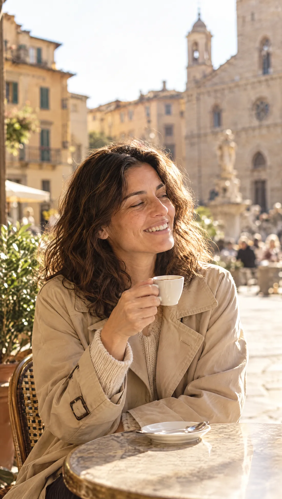Lei da sola al tavolino di un caffè in piazza, ride al sole