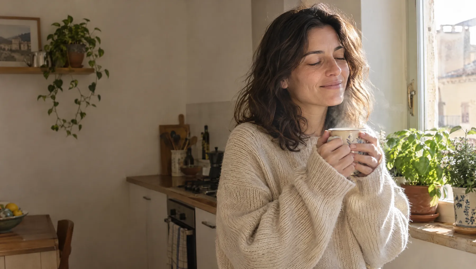 Lei la mattina in cucina, la tazza in mano, luce dalla finestra