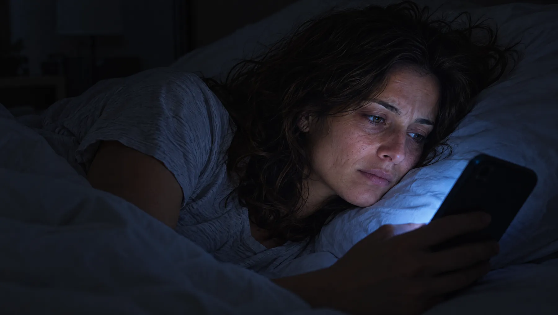 Lei sveglia nel letto di notte, il telefono in mano