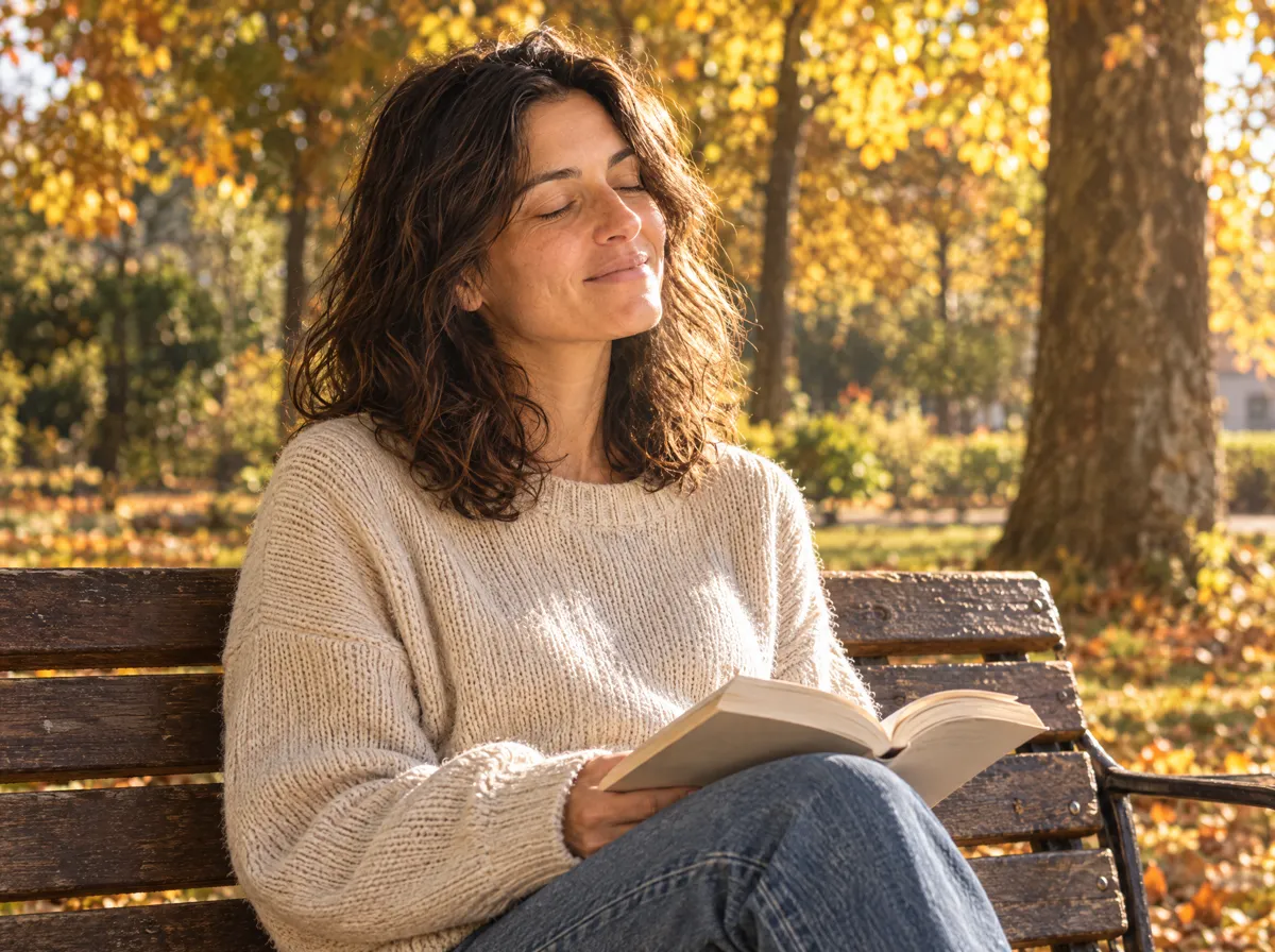 Lei da sola al parco con un libro, il sabato