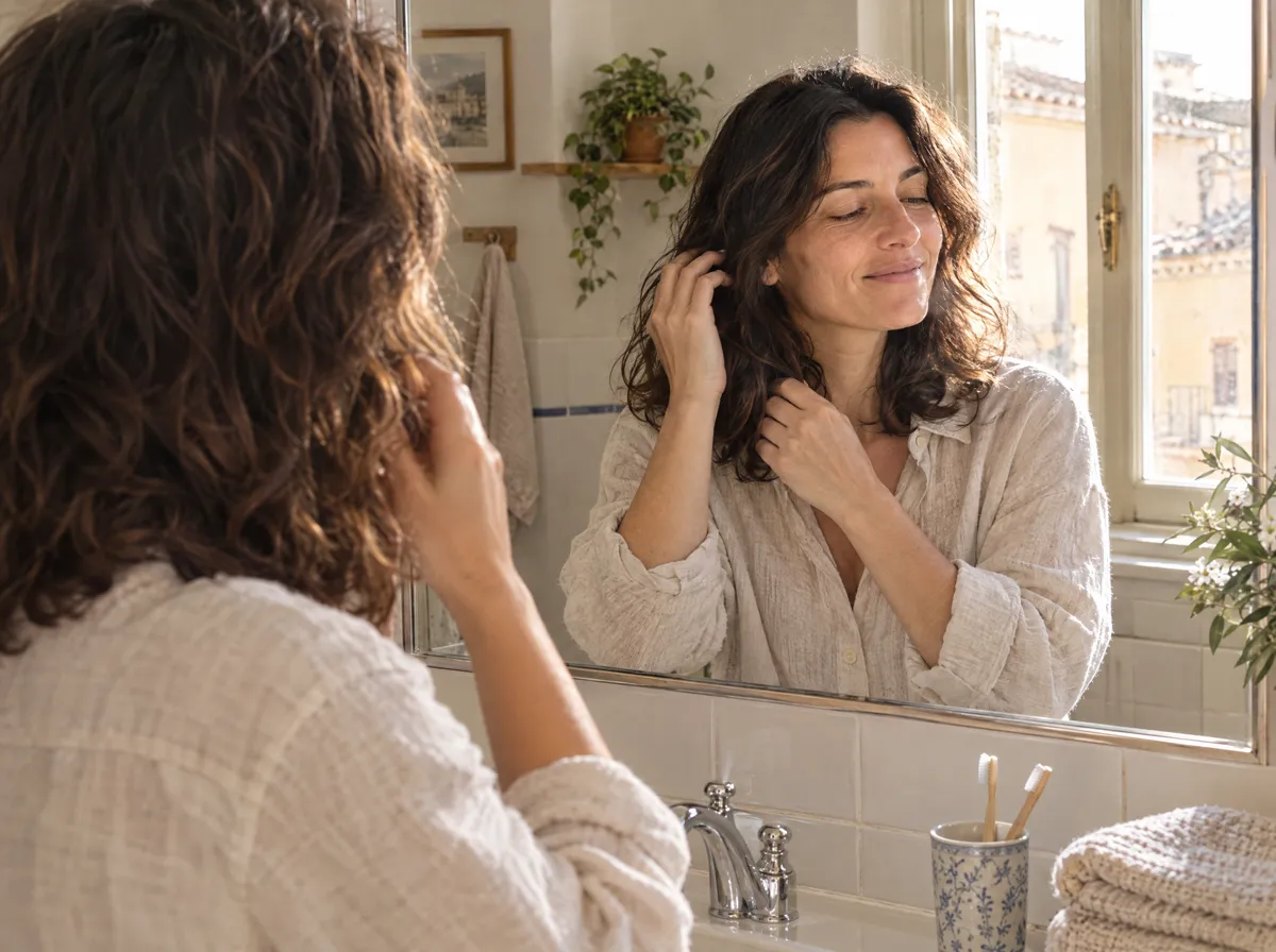 Lei allo specchio del bagno che si sistema i capelli e sorride